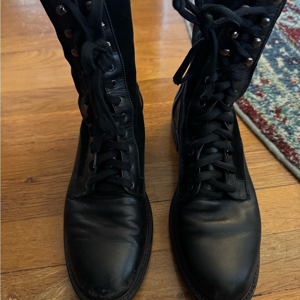 Italy made Aquatalia Oriana black leather & suede combat boot. Size 8.5 women’s